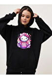 Pamuklu Kadın Kapüşonlu Kanguru Cepli Oversize Sweatshirt Hoodie Hello