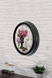 40 Cm Siyah Metal Pembe Çiçek Duvar Saati