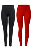 2 adet Kadın Tayt Kırmızı Siyah Spor ve Günlük Kullanım Tayt