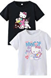 2li Kaliteli Pamuk Penye Kadın Baskılı Tshirt Hello Kitty Siyah Beyaz Tişört