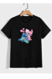2li Kaliteli Pamuk Penye Kadın Baskılı Tshirt Lilo Stitch Siyah Beyaz Tişört