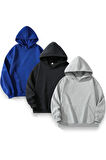 Unisex 3'lü Siyah Gri Lacivert Kapüşonlu Kanguru Cepli Oversize Sweatshirt