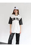 AKNButik Complex Kolları Deri Kolej Oversize T-shirt - Beyaz