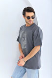 AKNButik Unisex Oversize Taşlı Bisiklet Yaka T-Shirt - Füme