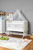 Ahşap Beşik Anne Yanı Beşik Beyaz 60x120 - Beyaz Güpür Uyku Seti + Yataklı + Tekerlekli