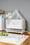 Ahşap Beşik Anne Yanı Beşik Beyaz 60x120 - Beyaz Güpür Uyku Seti + Yataklı