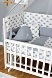 Ahşap Beşik Anne Yanı Beşik Beyaz 60x120 - Gri Balina Uyku Seti + Yataklı