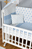 Ahşap Beşik Anne Yanı Beşik Beyaz 60x120 - Mavi Yıldız 1 Yastıklı Uyku Seti + Yataklı + Tekerlekli