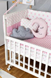 Ahşap Beşik Anne Yanı Beşik Beyaz 60x120 - Pembe Yıldız 3 Yastıklı Uyku Seti + Yataklı + Tekerlekli