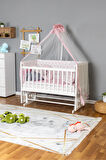 Ahşap Beşik Anne Yanı Beşik Beyaz 60x120 - Pembe Yıldız 3 Yastıklı Uyku Seti + Yataklı