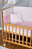 Ahşap Beşik Anne Yanı Beşik Vernikli 60x120 - Pembe Yıldız 1 Yastıklı Uyku Seti +Yataklı+Tekerlekli