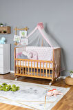 Ahşap Beşik Anne Yanı Beşik Vernikli 60x120 - Pembe Yıldız 3 Yastıklı Uyku Seti+Yataklı+Tekerlekli