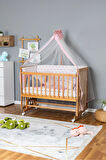 Ahşap Beşik Anne Yanı Beşik Vernikli 60x120 - Pembe Yıldız 3 Yastıklı Uyku Seti+Yataklı+Tekerlekli