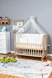 Ahşap Beşik Anne Yanı Beşik Organik 60x120 - Krem Güpür Uyku Seti + Yataklı + Tekerlekli