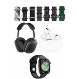 K32 Kombo 7 Adet Kordon (saat Değildir) Akıllı Saat Airpods Kulaklık Kafa Üstü Kablosuz Kulaklık Set - Siyah