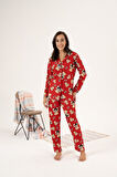 Estiva Desenli Önden Düğmeli Süet Kadın Pijama Takım