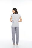 Estiva Çizgili Patili Viskon Kısa Kol Bayan Pijama Takım Gri-M