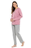 Sıfır Yaka Kareli Bayan Pijama Takım
