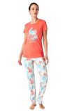 %100 Pamuk Kısa Kol Bayan Pijama Takım Mercan-L