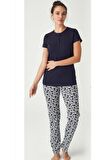%100 Pamuk Patlı Kısa Kol Bayan Pijama Takım Lacivert-M