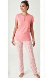 %100 Pamuk Patlı Kısa Kol Bayan Pijama Takım Pembe-M