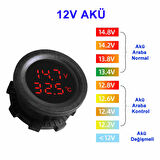Yuvarlak Voltmetre Termometre 12V 24V Panel Tip Montaj Dijital Kırmızı Renk Led Sıcaklık Isı Voltaj