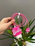 Şarj Başlığı Ve Kablo Koruyucu Barbie Set Pembe Iphone 20W Şarj Adaptör Uyumlu