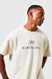 Unisex Bej Barcelona Baskılı Oversize Tshirt