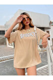 Unisex Bej Spooky Baskılı Oversize T-shirt