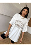 Unisex Beyaz Los Angeles Baskılı Oversize T-shirt