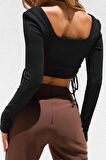 Yanları İp Büzgülü Siyah Crop Bluz