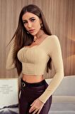 Önü Büzgülü Fitilli Viskon Kumaş Crop Bluz