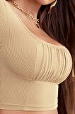 Önü Büzgülü Fitilli Viskon Kumaş Crop Bluz