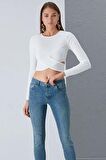 Önü Çapraz Crop Tasarım Kaşkorse Bluz