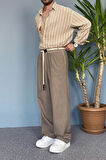 Rahat Kesim Keten Kumaş Bağcıklı Krem Renk Baggy Pantolon