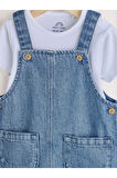 %100 Pamuklu Mavi Denim Salopet Body Zıbın Set