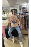 Kampüs Cartoon Tek Taraf Baskılı Oversize Pamuklu T-shirt