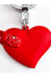 Üzeri Gül Figürü Kabartmalı Kırmızı kalp Şeklinde 3 Boyutlu Metal Anahtarlık