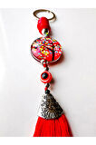Kırmızı Boncuklu Cam Hayat Ağacı Kırmızı Püsküllü Anahtarlık