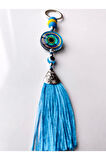 Mavi Cam Boncuklu Mavi Püsküllü Anahtarlık