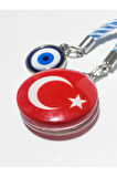 Türk Bayraklı Cam Boncuklu ve Nazar Boncuklu Anahtarlık