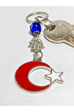 Metal Ay Yıldızlı Türk Bayraklı ve Metal Fatımanın Eli-Hamsalı Anahtarlık
