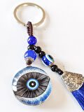 Mavi Püsküllü Göz Desenli Cam Anahtarlık