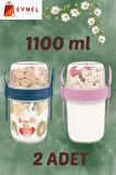 2li Set 1100 ml Take-go Kaşıklı Hazneli Meyveli Yoğurt Kabı Piknik Atıştırmalık Granola Süt Bardak