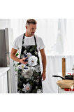 Siyah Çiçek Tasarımlı Mutfak Önlüğü (keten Kumaş, Uluslararası Yıkama Ve Solmama Sertifikası)