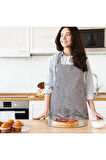 Gri Çiçek Tasarımlı Mutfak Önlüğü (Keten Kumaş, Uluslararası Yıkama Ve Solmama Sertifikası)
