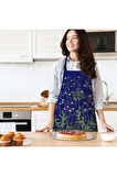 Lacivert Çiçek Detalı Mutfak Önlüğü (Keten Kumaş, Uluslararası Yıkama Ve Solmama Sertifikası)