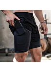 Baskılı Makiteks Sporcu Şortu, Alt Siyah Tayt Görünümlü Çok Cepli Taytlı Spor Şortu