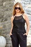 Cossy By Aqua Aqua 23706 Kadın Siyah File Ve Taş Baskı Detay 3'lü Spor Takım