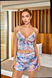 Cossy By Aqua CB24596 Kadın Desenli Askılı Dantel Detay Pijama Şort Takım